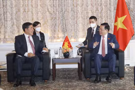 Chủ tịch Quốc hội Vương Đình Huệ tiếp Chủ tịch Hội đồng Quản trị Tập đoàn SK Chey Tae Won. (Ảnh: Doãn Tấn/TTXVN)