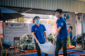 Thanh niên tình nguyện vận chuyển gạo, lương thực cho những hộ dân thuộc khu vực phong tỏa trên địa bàn quận Tân Phú. (Ảnh: Hồng Giang/TTXVN) 
