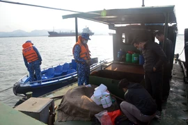 Tàu HP-1702 chở 20.000 lít dầu DO không rõ nguồn gốc bị tạm giữ tại khu vực bến Gót, huyện Cát Hải. (Ảnh: TTXVN phát)