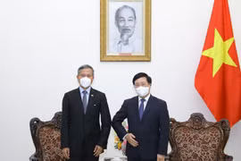 Phó Thủ tướng Phạm Bình Minh và Bộ trưởng Ngoại giao Singapore Vivian Balakrishnan tại buổi tiếp. (Ảnh: Nguyễn Điệp/TTXVN)