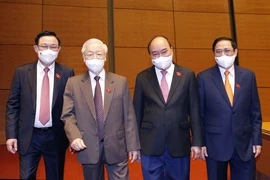 Tổng Bí thư Nguyễn Phú Trọng, Chủ tịch nước Nguyễn Xuân Phúc, Thủ tướng Phạm Minh Chính, Chủ tịch Quốc hội Vương Đình Huệ dự phiên họp. (Ảnh: Doãn Tấn/TTXVN) 