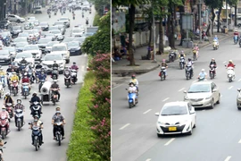 Lượng người tham gia giao thông trên phố Nguyễn Chí Thanh ngày 22/7 (phải) đã giảm rõ rệt so với ngày đầu thực hiện Công điện số 15 (trái). (Ảnh: Tuấn Đức/TTXVN) 