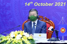 Bộ trưởng Bộ Công an Tô Lâm dự Hội nghị tại điểm cầu Hà Nội. (Ảnh: Phạm Kiên/TTXVN)