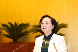 Bộ trưởng Bộ Nội vụ Phạm Thị Thanh Trà trình bày Tờ trình về dự án Luật Thi đua, khen thưởng (sửa đổi). (Ảnh: Văn Điệp/TTXVN)