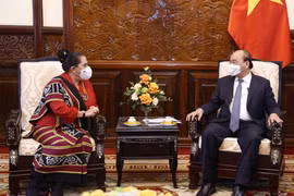 Chủ tịch nước Nguyễn Xuân Phúc tiếp bà Maria Olandina Isabel Caeiro Alves, Đại sứ Timor Leste tại Việt Nam. (Ảnh: Thống Nhất/TTXVN) 