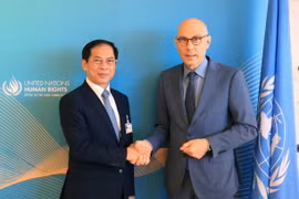 Bộ trưởng Ngoại giao Bùi Thanh Sơn và Cao ủy Nhân quyền của Liên hợp quốc Volker Turk. (Ảnh: Anh Hiển/TTXVN)