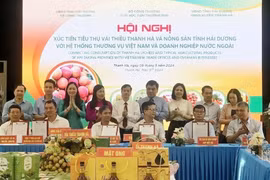 Ký kết biên bản ghi nhớ hợp tác giữa các doanh nghiệp xuất khẩu nông sản với các doanh nghiệp tiêu thụ và hợp tác xã dịch vụ nông nghiệp huyện Thanh Hà. (Ảnh: Mạnh Minh/TTXVN)