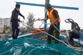 Bộ đội Biên phòng Đà Nẵng hỗ trợ ngư dân chằng chống tàu thuyền trước bão. (Ảnh: Quốc Dũng/TTXVN)