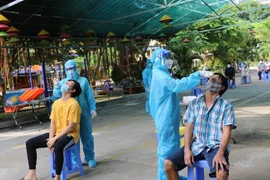 Đại diện các hộ gia đình ở khóm 3, phường 1, thành phố Cao Lãnh được lấy mẫu xét nghiệm sàng lọc SARS-CoV-2 trong sáng 28/8. (Ảnh: Chương Đài/TTXVN)