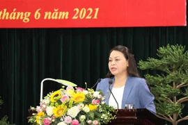 Bà Nguyễn Thị Thu Hà, Ủy viên Trung ương Đảng, Bí thư Tỉnh ủy, Trưởng đoàn đại biểu Quốc hội tỉnh, Trưởng ban chỉ đạo, lãnh đạo cuộc bầu cử tỉnh Ninh Bình phát biểu tại hội nghị. (Ảnh: Đức Phương/TTXVN)
