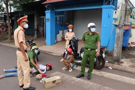 Hai đối tượng bị lực lượng công an bắt giữ cùng tang vật. (Ảnh: Đậu Tất Thành/TTXVN)