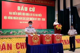 Cán bộ, chiến sỹ bỏ phiếu bầu tại Trụ sở Cảnh sát biển Vùng 3. (Ảnh: Đoàn Mạnh Dương/TTXVN)