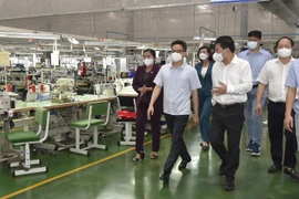 Phó Thủ tướng Vũ Đức Đam kiểm tra mô hình '3 tại chỗ' tại Công ty TNHH New Apparel Far Eastern Việt Nam (Khu công nghiệp Bắc Đồng Phú, thị trấn Tân Phú, huyện Đồng Phú). (Ảnh: Diệp Trương/TTXVN)