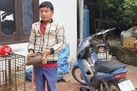 Đối tượng Đào Huy Thanh và cá thể tê tê bị lực lượng Công an bắt giữ. (Ảnh: TTXVN phát)