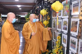 Các tăng ni, Phật tử tham quan triển lãm. (Ảnh: Xuân Khu/TTXVN)