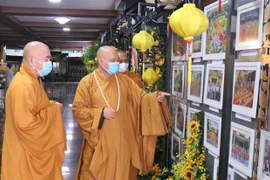 Các tăng ni, Phật tử tham quan triển lãm. (Ảnh: Xuân Khu/TTXVN)
