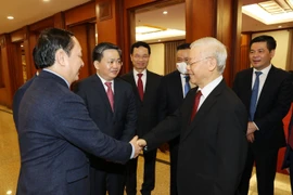 Tổng Bí thư Nguyễn Phú Trọng cùng các lãnh đạo Đảng, Nhà nước và các đại biểu dự Hội nghị. (Ảnh: Trí Dũng/TTXVN)