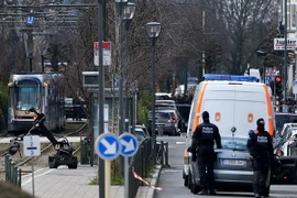 Cảnh sát Bỉ làm nhiệm vụ trong cuộc bố ráp ở Schaerbeek, Brussels ngày 25/3. (Nguồn: AFP/TTXVN)