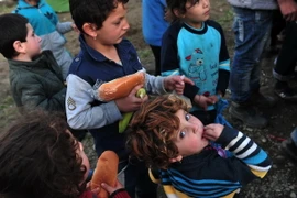 Trẻ em Syria chờ nhận lương thực cứu trợ tại các trại tị nạn dọc biên giới Hy Lạp- Macedonia ngày 11/3. (Nguồn: AFP/TTXVN)