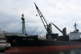 Công nhân Philippines dỡ hàng từ tầu Jin Teng xuống cảng Subic ngày 4/3. (Nguồn: AFP/TTXVN)