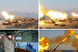 Nhật báo Rodong Sinmun của Triều Tiên đưa tin Nhà lãnh đạo Kim Jong Un thị sát một cuộc tập trận ngày 25/3. (Nguồn: Yonhap/TTXVN)