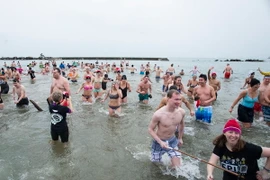 Người dân tham gia vui đùa trong cuộc thi “tắm gấu Bắc Cực”ở Toronto, Canada. (Nguồn: THX/TTXVN)