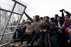 Hàng trăm người di cư Iraq và Syria tìm cách hạ đổ hàng rào dây thép gai được dựng lên tại biên giới Macedonia với Hy Lạp. (Nguồn: AFP/TTXVN)