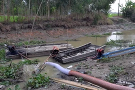 Các con kênh nội đồng ở xã Phong Tân (thị xã Giá Rai, tỉnh Bạc Liêu) đang cạn nước. (Ảnh: Nguyễn Thanh Liêm/TTXVN)