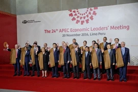 Chủ tịch nước Trần Đại Quang (thứ nhất, phải, hàng thứ hai) và các nhà Lãnh đạo các nền kinh tế thành viên APEC chụp ảnh chung tại Lima, Peru. (Nguồn: AP/TTXVN)