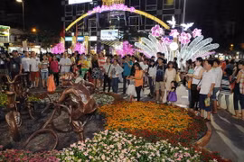 Khách du lịch và người dân tham quan đường hoa Nguyễn Huệ Xuân Bính Thân 2016. (Ảnh: An Hiếu/TTXVN)