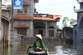 Hơn 800 hộ dân xã Nam Phương Tiến (Chương Mỹ) vẫn ngập trong nước lũ (ảnh chụp sáng 31/7). (Ảnh: Minh Quyết/TTXVN)