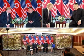 Các hình ảnh do báo Rodong Sinmun, cơ quan ngôn luận của Đảng Lao động Triều Tiên, đăng phát về cuộc gặp giữa Tổng thống Mỹ Donald Trump (trái) và Chủ tịch Triều Tiên Kim Jong-un tại Hội nghị thượng đỉnh Mỹ-Triều lần hai ở Hà Nội ngày 27/2. (Nguồn: YONHAP