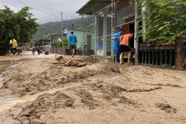 Bùn đất dày trên 30cm tràn xuống đường bê tông thôn Chánh Thắng. (Ảnh: Tường Quân/TTXVN)