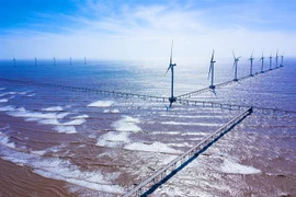 Nhà máy Điện gió Đông Hải I tại Trà Vinh, quy mô 25 trụ gió, tổng công suất 100MW, khánh thành ngày 16/1/2022. (Ảnh: TTXVN)