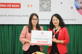 Chủ tịch Hội Chữ thập Đỏ Việt Nam Bùi Thị Hòa trao tượng trưng số tiền hỗ trợ người dân Thổ Nhĩ Kỳ khắc phục hậu quả thảm họa động đất cho bà Devletsah Yayan, Phó Đại sứ Thổ Nhĩ Kỳ tại Việt Nam. (Ảnh: Thanh Tùng/TTXVN)