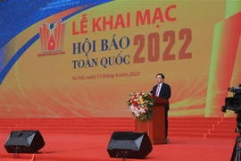 Trưởng ban Tuyên giáo Trung ương Nguyễn Trọng Nghĩa phát biểu tại lễ khai mạc hội báo toàn quốc. (Ảnh: Tuấn Anh/TTXVN)