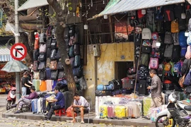 Vỉa hè tại phố Đinh Tiên Hoàng (gần đền Bà Kiệu, quận Hoàn Kiếm) bị chiếm dụng để kinh doanh, buôn bán. (Ảnh: Quỳnh Anh/TTXVN phát)