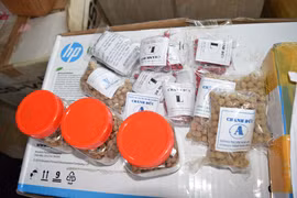 Những viên thuốc không rõ nguồn gốc, được quảng cáo chữa khỏi nhiều bệnh, bị tịch thu. (Ảnh: Thanh Sang/TTXVN)