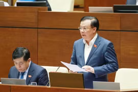 Bộ trưởng Bộ Tài chính Đinh Tiến Dũng giải trình làm rõ vấn đề đại biểu Quốc hội nêu. (Ảnh: Phương Hoa/TTXVN)