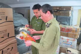Cán bộ Đội QLTT số 2 và Công an Môi trường quận Hoàn Kiếm đang kiểm tra hàng vi phạm vệ sinh An toàn thực phẩm (Ảnh: Đức Duy/Vietnam+)