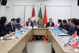 Trưởng Ban Tuyên giáo Trung ương, Nguyễn Trọng Nghĩa làm việc với ông Carlos Lupi, Chủ tịch Đảng Lao động Dân chủ, Bộ trưởng An sinh xã hội. (Ảnh: Diệu Hương/TTXVN)