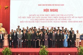 Phó Thủ tướng, Bộ trưởng Bộ Ngoại giao Phạm Bình Minh với các đại biểu và kiều bào dự hội nghị sơ kết 5 năm thực hiện Chỉ thị số 45-CT/TW. (Ảnh: Lâm Khánh/TTXVN)