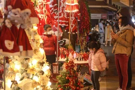 Dù trời rét đậm nhưng vẫn đông người dân đi mua sắm đồ Noel trên phố Hàng Lược. (Ảnh: Hoàng Hiếu/TTXVN)