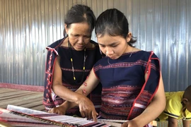 Truyền dạy nghề dệt tổ cẩm cho thế hệ trẻ. (Ảnh: Hoài Nam/TTXVN)