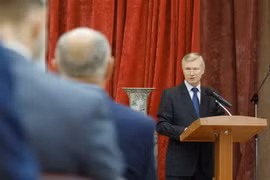 Chủ tịch Hội hữu nghị Liên bang Nga-Viêt Nam Vladimir Buyanov phát biểu khai mạc Hội thảo. (Ảnh: Trần Hiếu/TTXVN)
