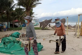 Người dân vận chuyển vật dụng kinh doanh trên các bãi biển đưa lên bờ để tránh thiệt hại khi bão số 9 đổ bộ. (Ảnh: Trần Lê Lâm/TTXVN)