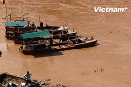 Các tàu, thuyền khai thác cát trái phép trên thượng nguồn dòng sông Mã. (Ảnh: Hùng Võ/Vietnam+)