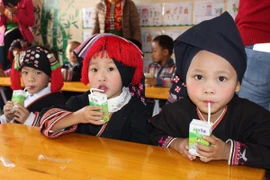 Hàng ngày từ thứ Hai đến thứ Sáu, trẻ em tại trường mầm non Phiêng Luông sẽ được uống 120ml sữa tươi. (Ảnh: Hùng Võ/Vietnam+)