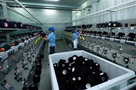 Sản xuất sợi tại Công ty TNHH Dệt nhuộm Jasan Việt Nam. (Ảnh: Phạm Kiên/TTXVN)