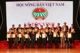 Trưởng Ban Tuyên giáo Trung ương Võ Văn Thưởng và Chủ tịch Hội Nông dân Việt Nam Thào Xuân Sùng trao Giấy chứng nhận và Kỷ niệm chương cho các nhà khoa học. (Ảnh: Anh Tuấn/TTXVN)